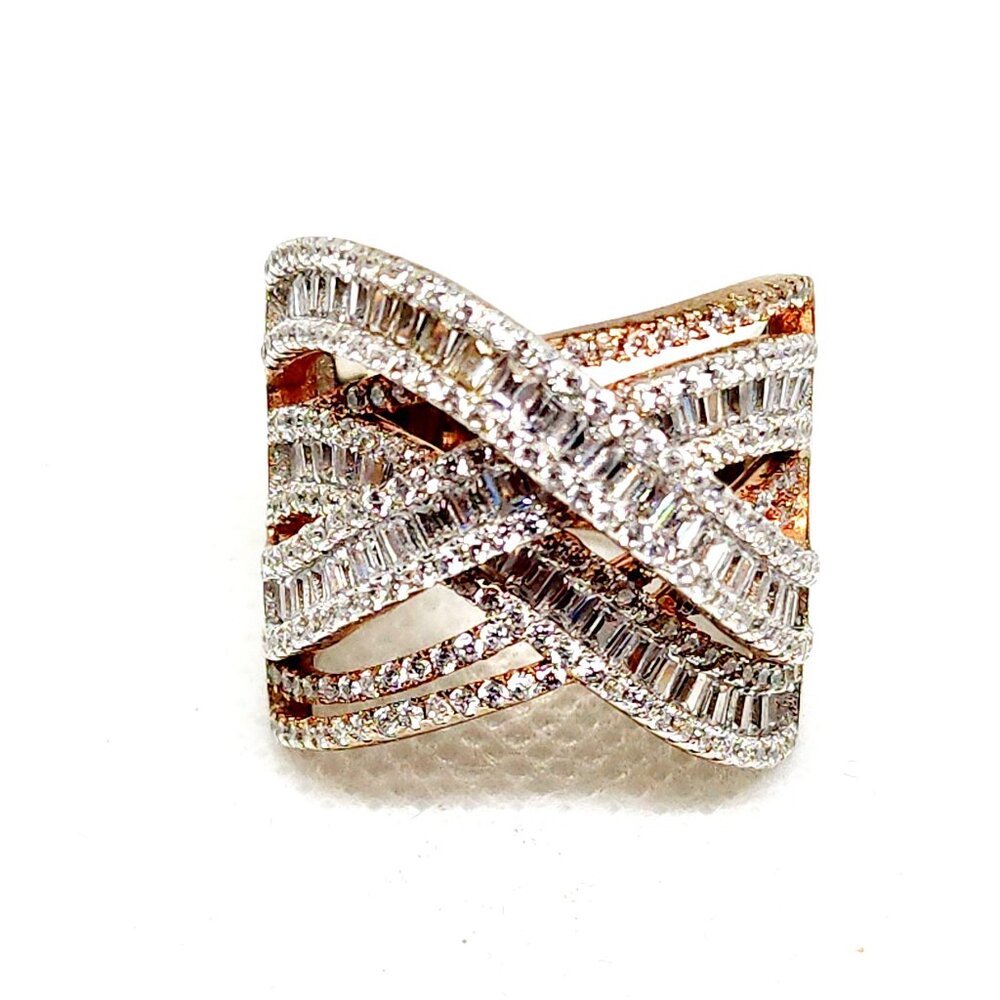 High quality Cubic Zirconia cocktail crossover ring in 14k RG & Rhod/925SS sz 8